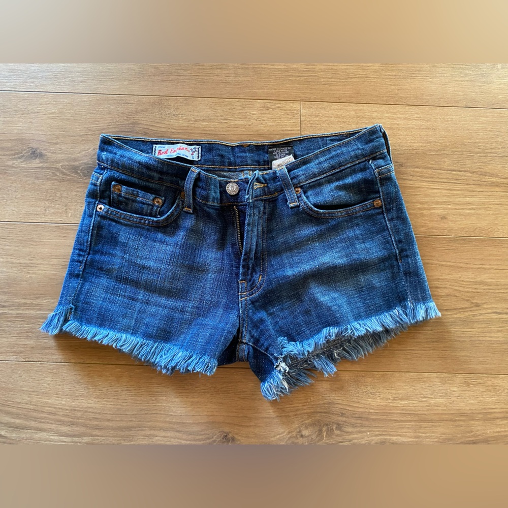 Red Engine Dark Blue Frayed Jean Shorts
